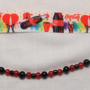 No640 Statement handmade 2 rows choker necklace with Coca-cola patterned ribbon